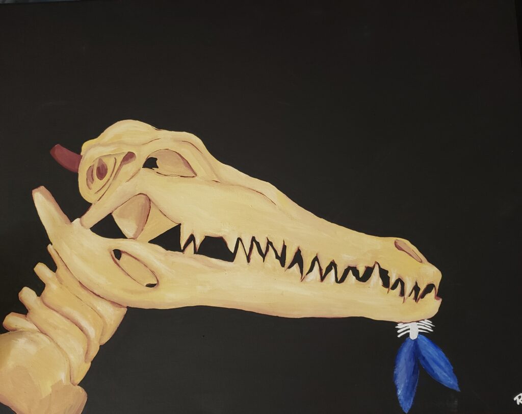 Painting of Alligator Skeleton with fish skeleton in mouth